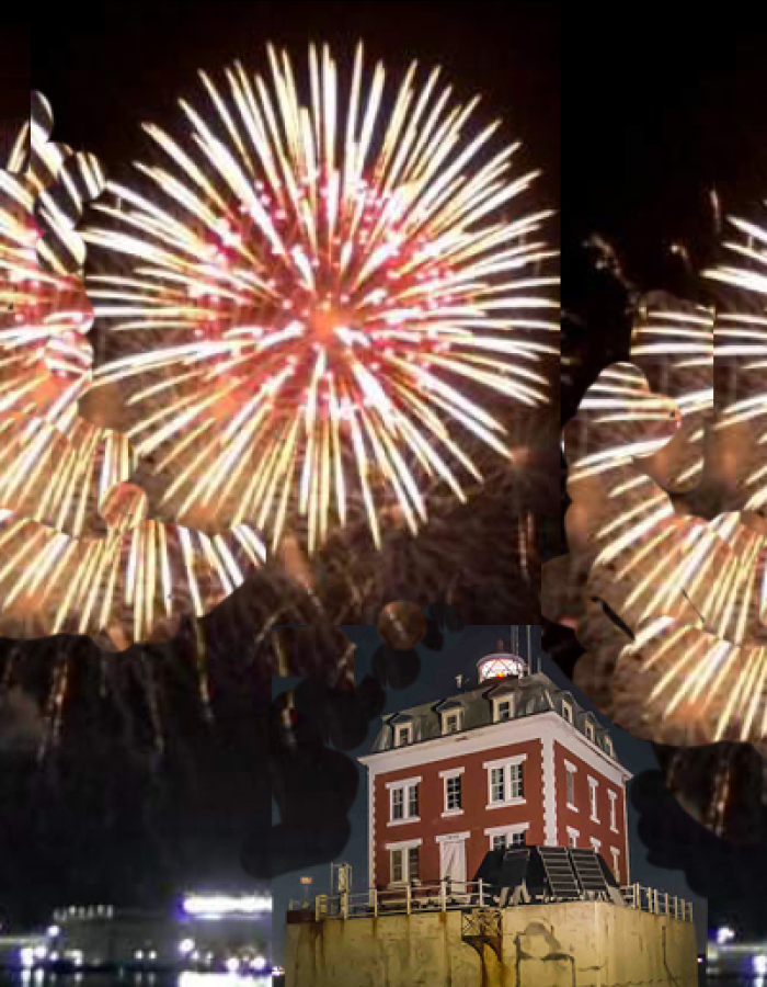 artist collage of fireworks over Ledge Light