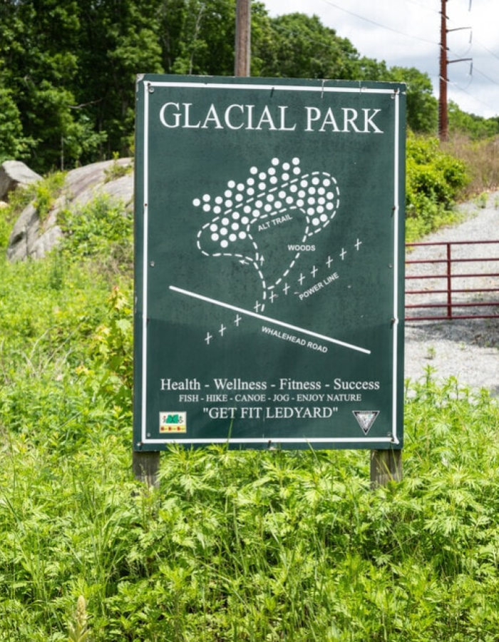 This photo depicts the entrance sign to Glacial Park in Ledyard