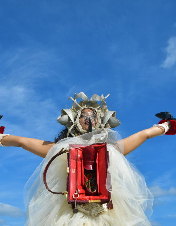 An image of a person wearing an elaborate outfit against a blue sky