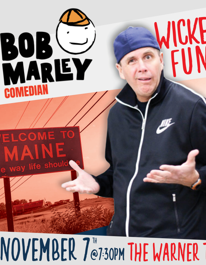 Comedian Bob Marley standing in front of a "welcome to Maine"sign.