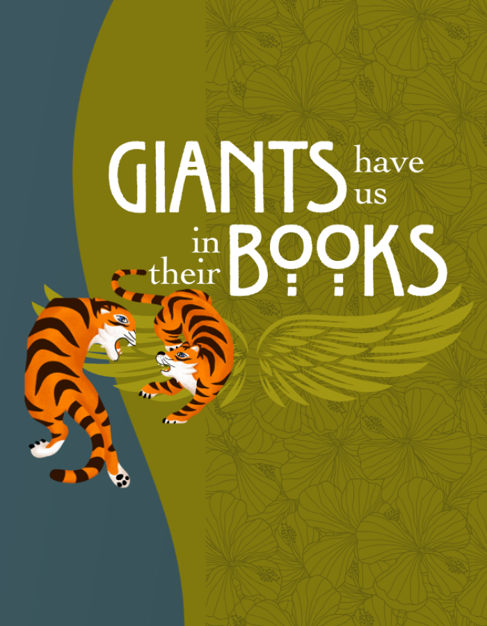 Two tigers square off against each other; text reads Giants Have Us in Their Books,