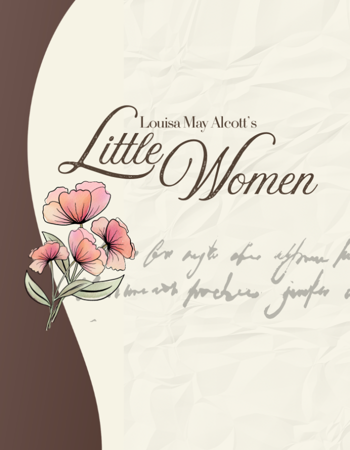 A bouquet with four flowers . Text reads Louisa May Alcott's Little Women