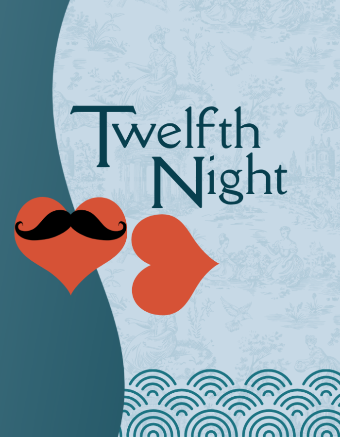 Two red hearts posed to appear as lips, one heart has a black mustache, Text reads Preview Tonight; Twelfth Night