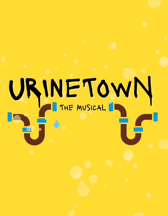 A droplet of blue water coming for a broken pipe, text reads Urinetown the Musical