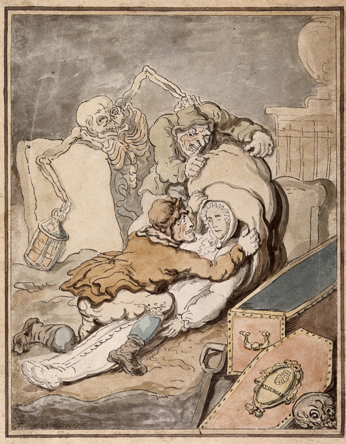 An image of grave robbers from 1755, with a skeleton watching.