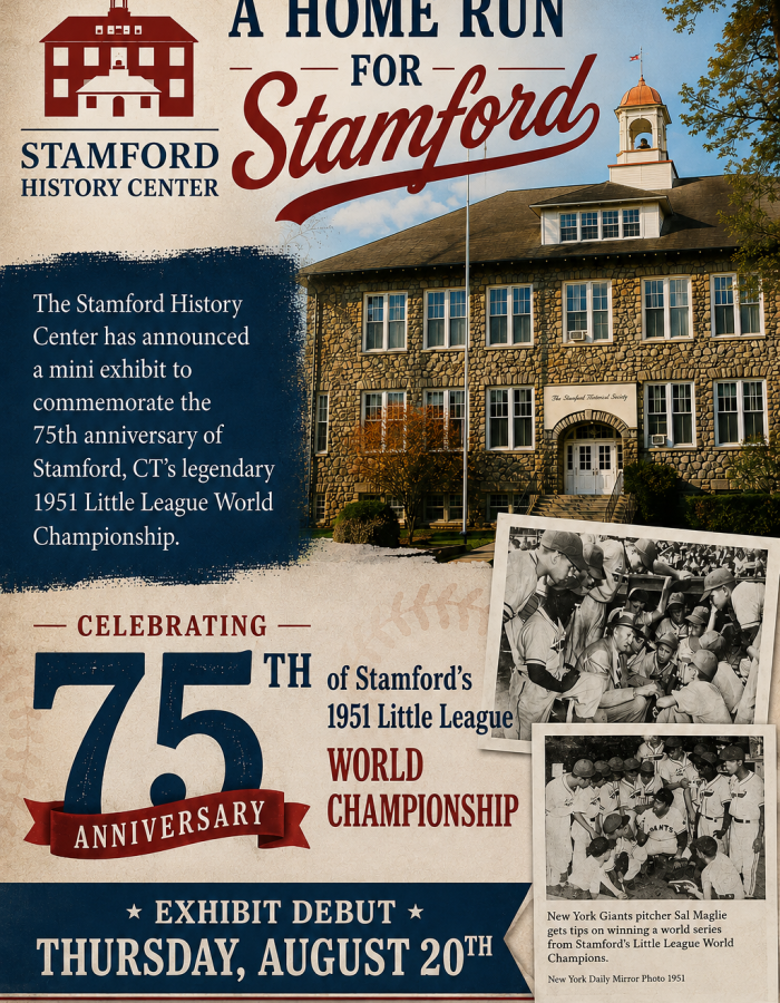 Little League flyer with baseball team photos and SHC building