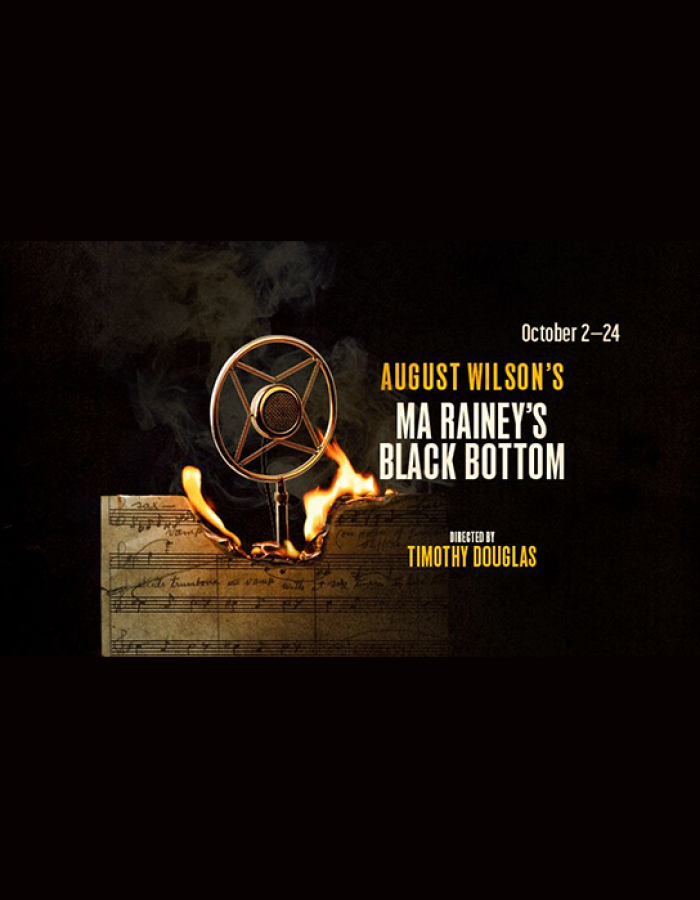 Show poster featuring a 1920s-style microphone with a square-shaped wire grille, positioned over burning sheets of music.