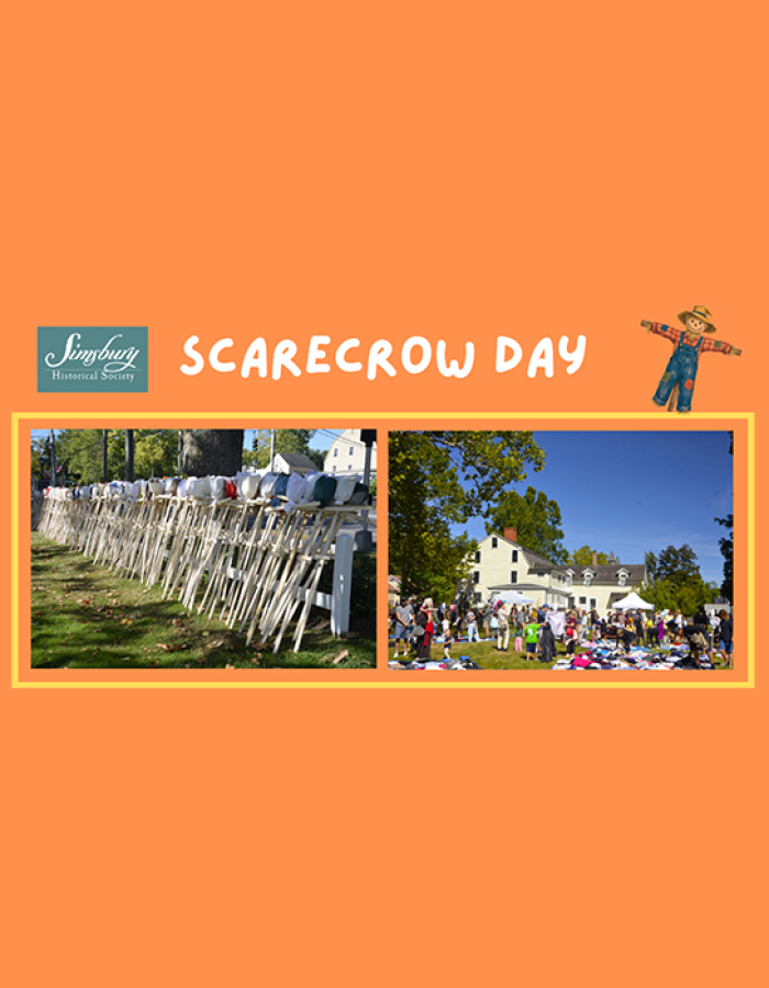 Simsbury Historical Society Scarecrow Day 2026 image showing scarecrow frames and visitors.