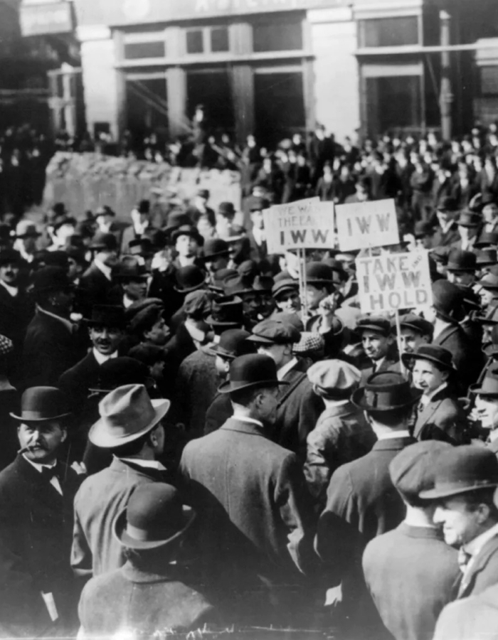 Historical photo from 1914 of the International Workers of the World publicly demonstrating