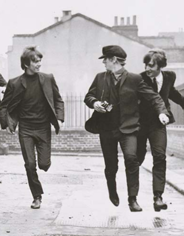 Screen cap of the Beatles in A Hard Day's Night
