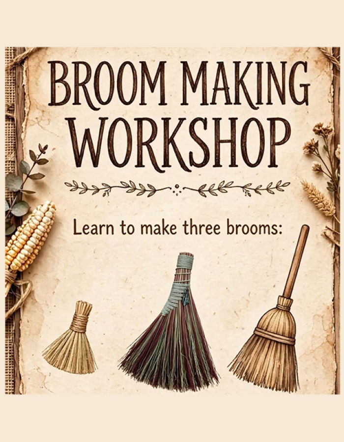 Broom Making workshop poster with three brooms 