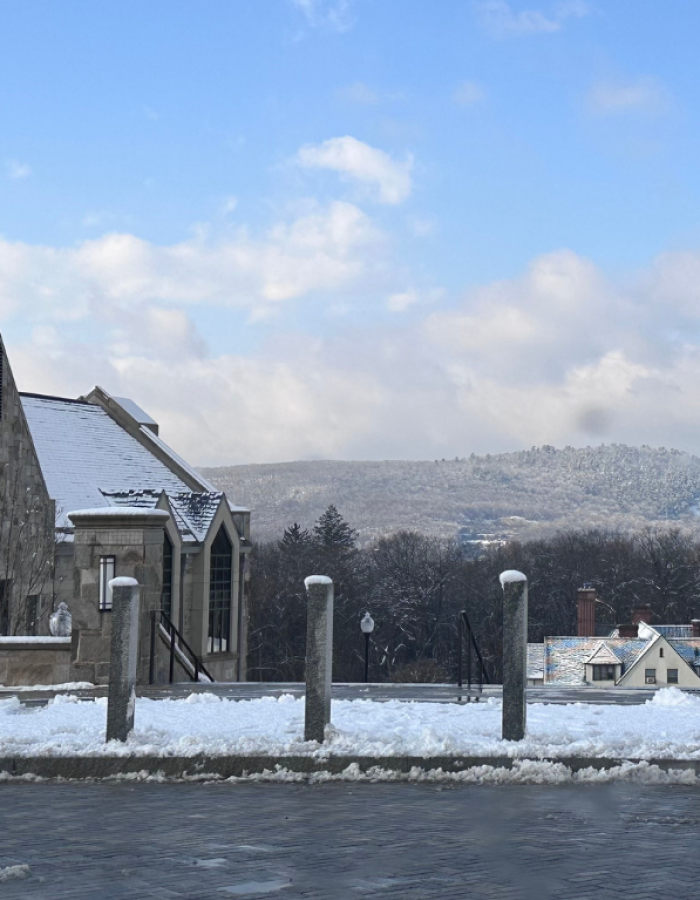 A peaceful winter view of Canterbury School, surrounded by fresh snow and New Milford’s scenic hills.