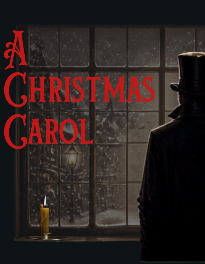 A man in a top hat staring our a window at the snow.
