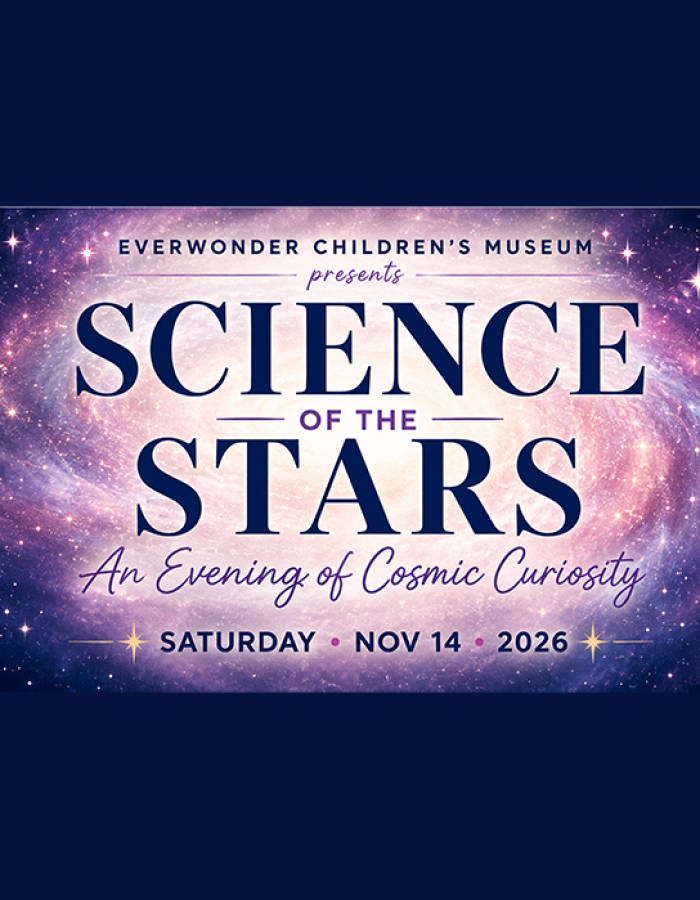 Swirling galaxies & stars around the text. presenting EverWonder's The Science of the Stars on Saturday, November 14th 2026.
