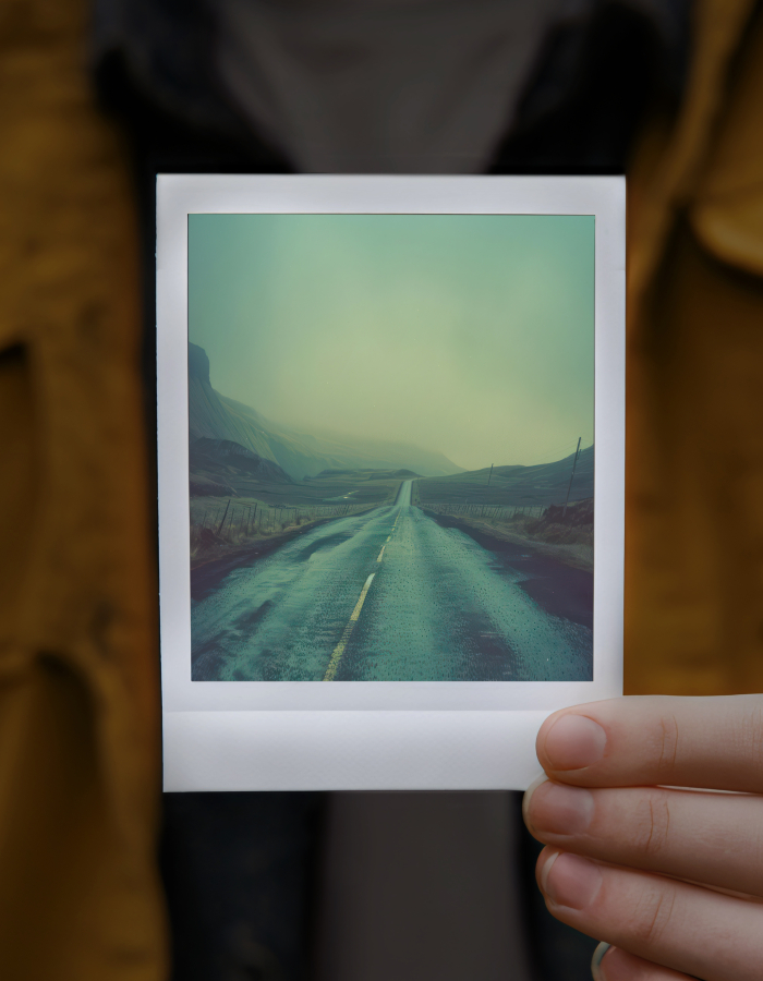 A person holding up a polaroid picture of an abandoned road.