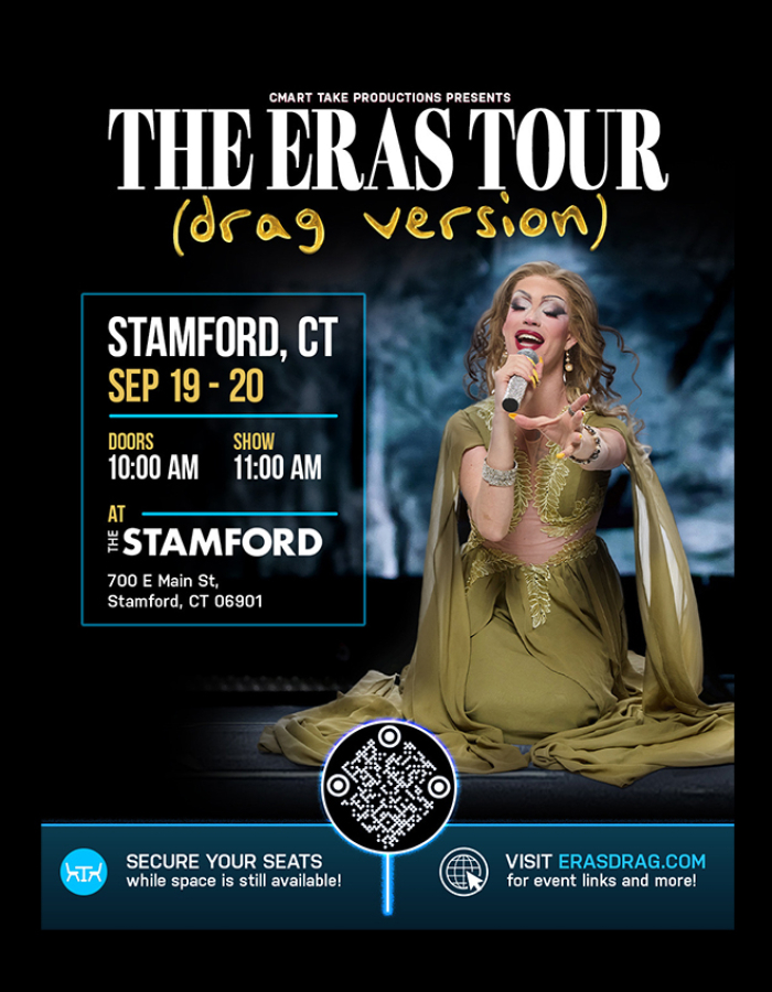 Poster advertising The Eras Tour (Drag Version) shows in Stamford, CT on 9/19 and 9/20 with image of a drag queen