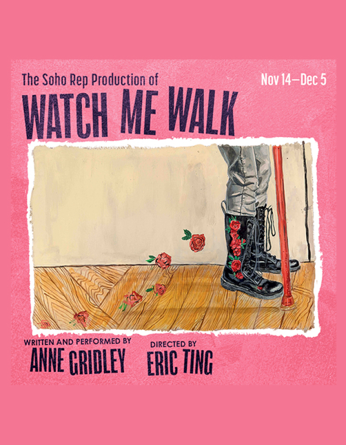 Watch Me Walk - The artwork shows a person in black platform boots standing on a wooden floor beside a red cane, with roses