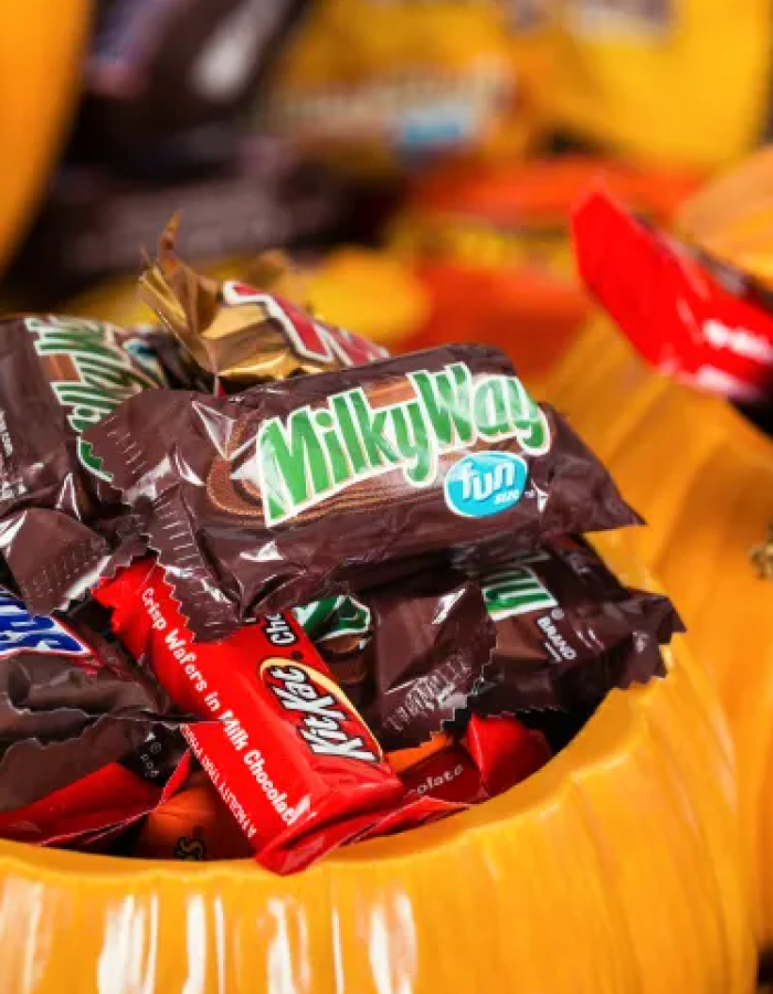 Classic halloween candy shown in a ceramic pumpkin 
