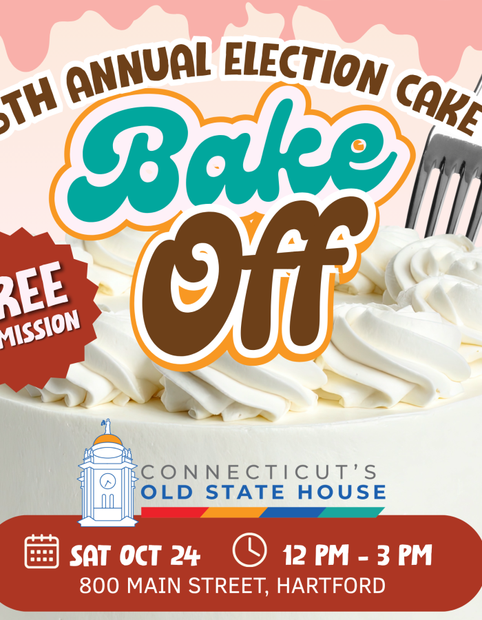 CT's Old State House 5th Annual Election Cake Bake Off wording over a pretty frosted cake with a fork in it.
