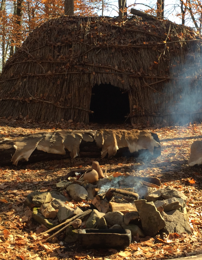 Reproduction thatched Longhouse with fire ring in foreground