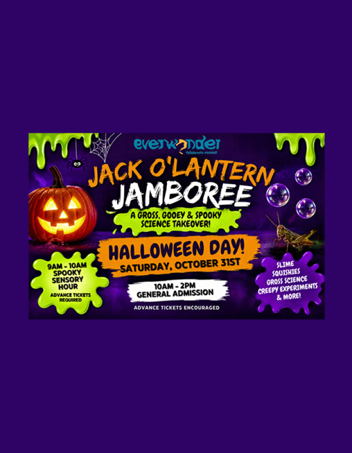 Promotional graphic for the Jack O'Lantern Jamboree at EverWonder Children's Museum. Saturday, Oct 31, from 10:00 AM–2:00 PM