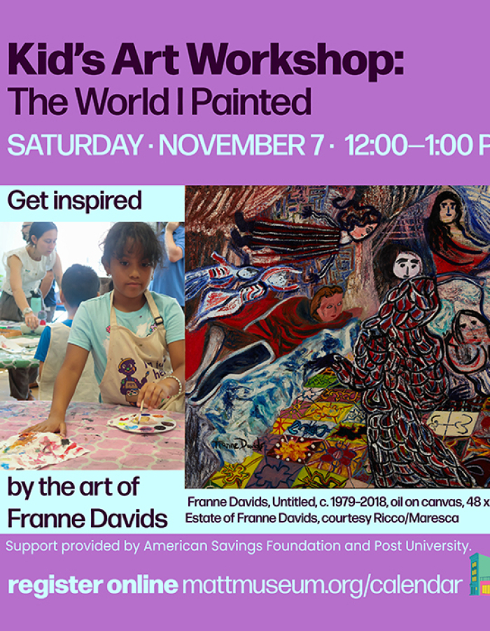 Graphic depicting a Kid's Art Workshop at the Mattatuck Museum called The World I Painted