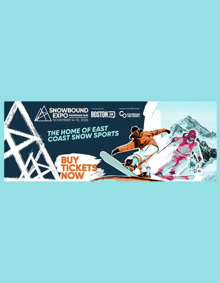 two snowboarders and skiers on a mountain with snowbound logo