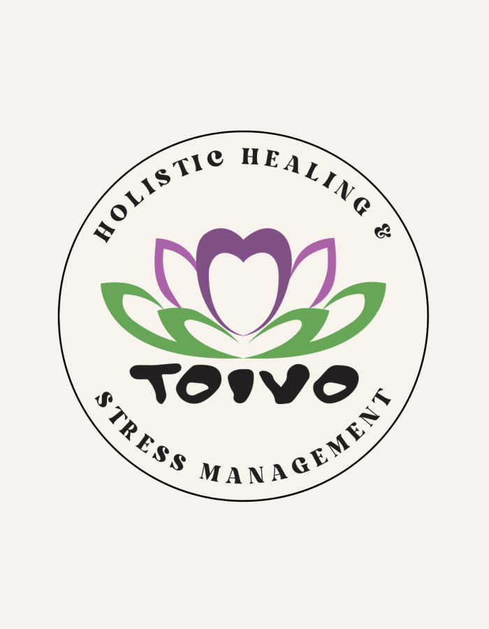 The Toivo logo showing a lotus flower with a heart at the center and the words "Holistic Healing & Stress Management"