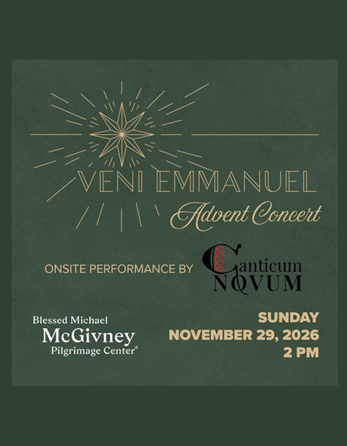 Promotional graphic for the free program "Veni Emmanuel: Advent Concert" by Canticum Novum on November 29, 2026 at 2pm. 