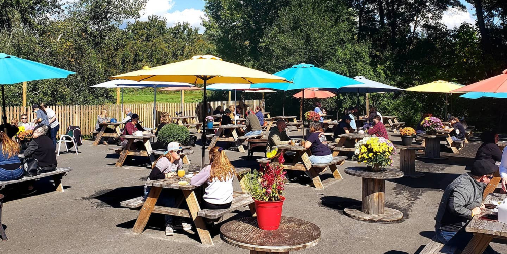 Outdoor dining area with picnic tables and colorful umbrellas under blue sky