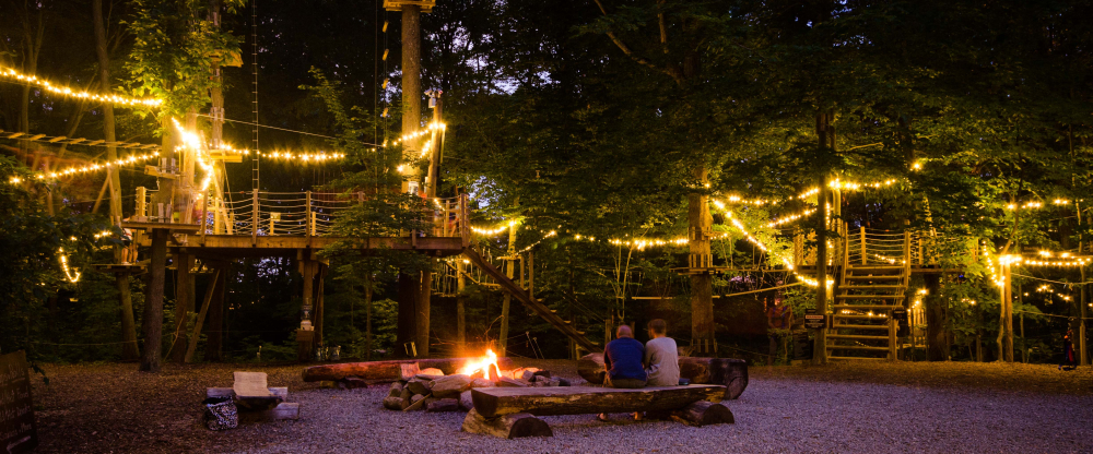 Couple sitting by campfire near illuminated treetop adventure park at night
