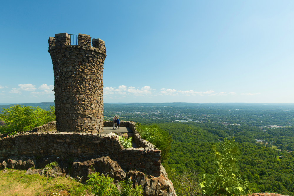 Stone observation tower overlooks green forest and distant town under clear sky