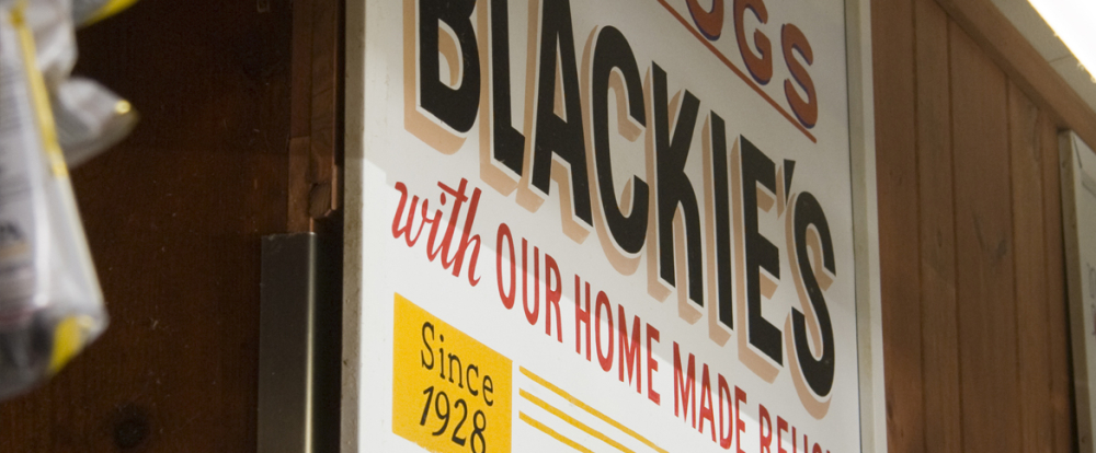 Sign for Blackie's with homemade relish since 1928