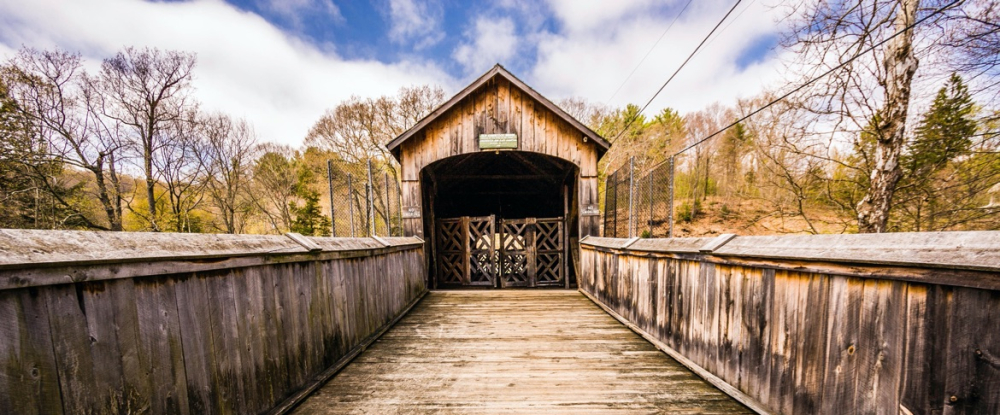 Wooden covered bridge entrance with wooden planks and trees around