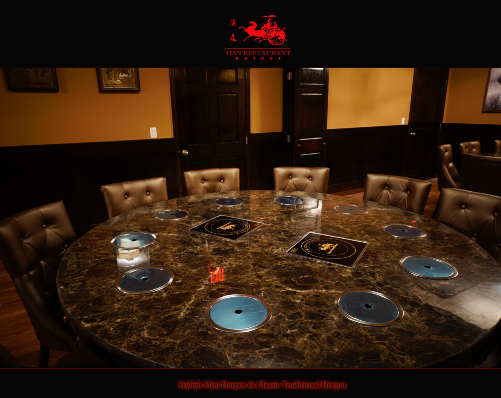 Round marble table with built-in hotpot burners and leather chairs