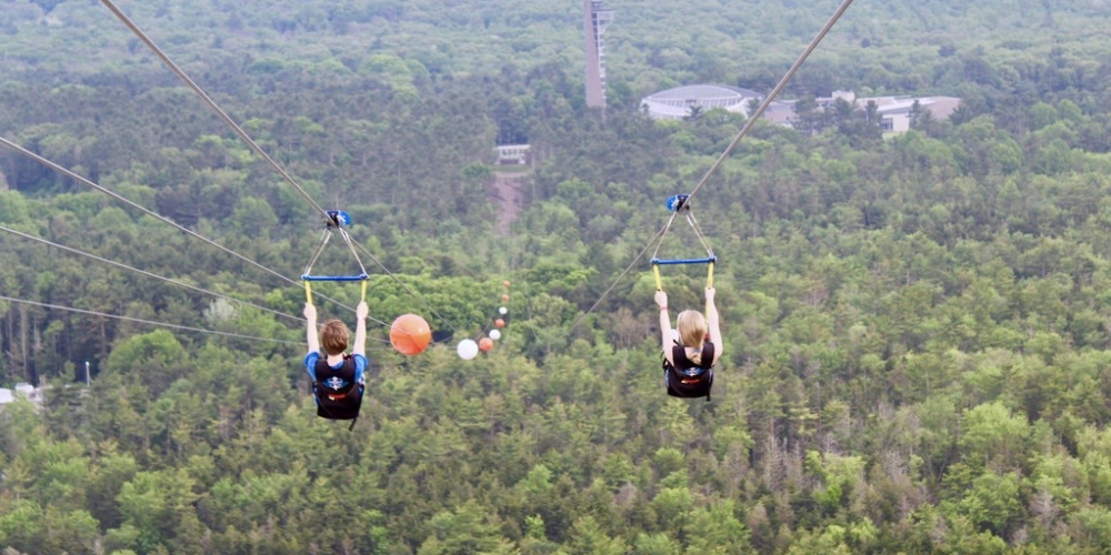 Two people ziplining over a dense green forest with distant buildings
