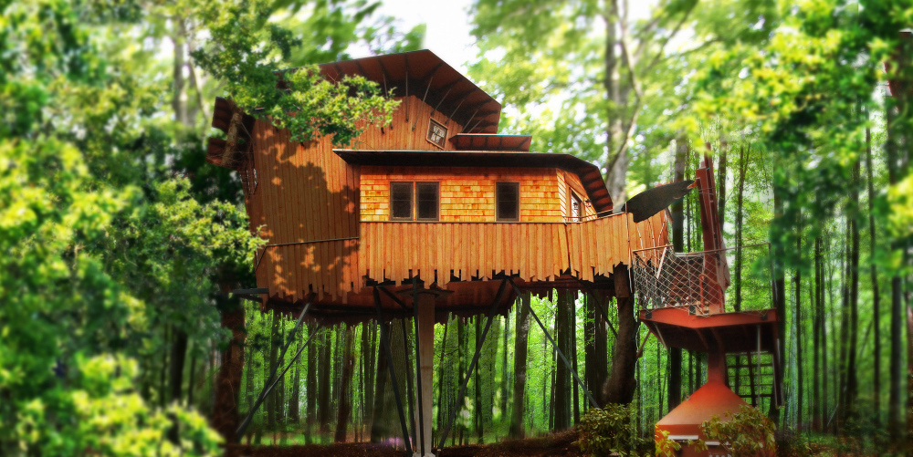 Unique wooden treehouse elevated on stilts in lush green forest