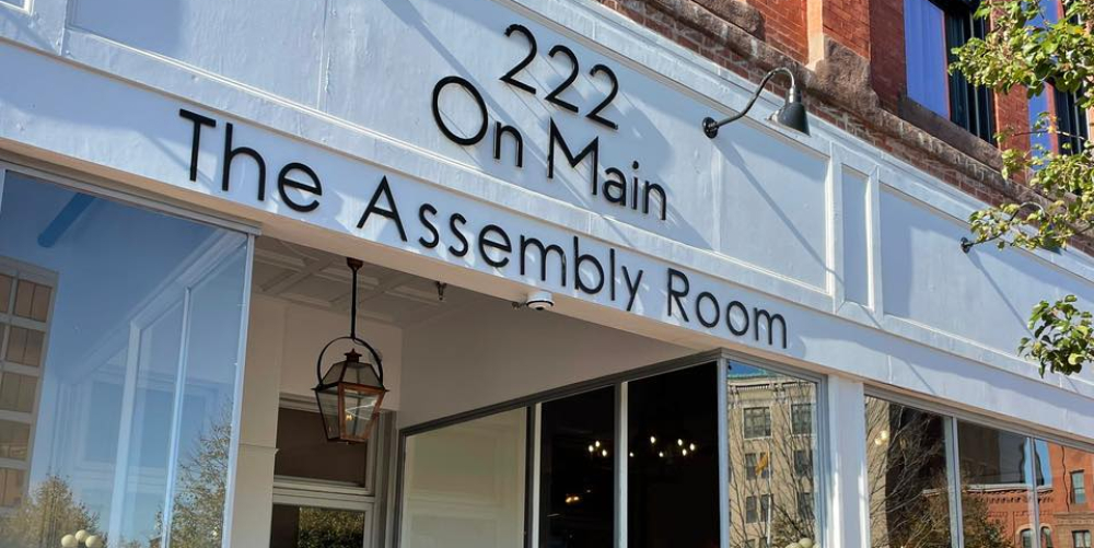Entrance to The Assembly Room at 222 On Main with glass windows