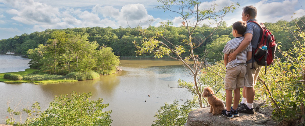 Man, boy, and dog hugging on rock overlooking river and forest