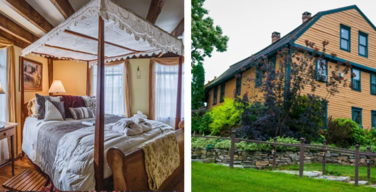 Cozy bedroom with canopy bed and yellow historic house exterior