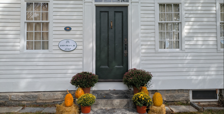 Pratt House Door and Stoop with pumpkins and goards