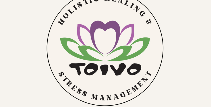 The Toivo logo showing a lotus flower with a heart at the center and the words "Holistic Healing & Stress Management"